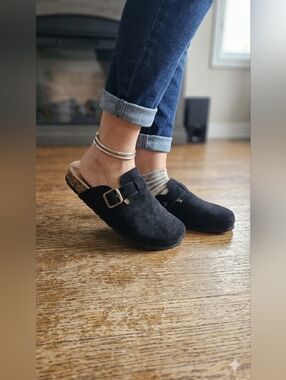 Black Suede Clog Mules - Cork Footbed Comfort Slides - Size 8